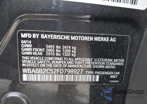 2015 BMW 650I Gran Coupe I Gran Coupe z USA, uszkodzony, nr VIN WBA6B2C52FD798927